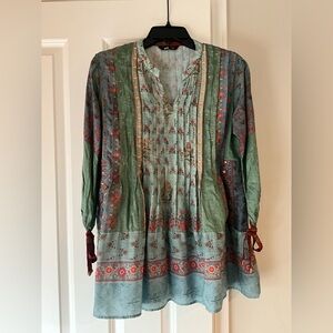 Soch Boho Floral Pintuck Tunic Top in Teal & Green Size Medium